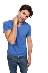 Image showing Neck pain, stress and portrait of man in studio with burnout, crisis or joint disaster on white background. Injury, bone and male model face with anatomy, risk or frustrated by tension or emergency