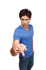 Image showing Serious man, pointing and finger in studio for motivation, encourage and inspiration. Male person, gesture and hand with portrait on isolated white background for determination, support and approval