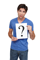 Image showing Confused, poster or portrait of man with question mark in studio asking for solution, guide or advice on white background. Banner, why or face of male model with sign for brainstorming, faq or help