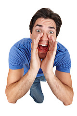 Image showing Hands, face and man shouting in top view studio with announcement, news or message on white background. Noise, speech and portrait of male model screaming info, broadcast or communication promotion