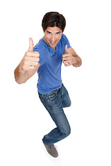 Image showing Man, portrait and thumbs up for approval in studio, yes and motivation for winner on white background. Male person, top view and like emoji for agreement or success, promotion and great or thank you