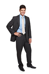 Image showing Businessman, portrait and happy with hand on hips, isolated and confidence in studio or white background. Male person, well dressed and smiling in backdrop for recruitment, hiring and job opportunity