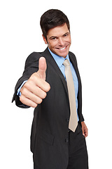 Image showing Businessman, portrait and happy with suit, isolated and achievement in studio or white background. Male person, confidence and smiling in backdrop for recruitment, hiring and job opportunity