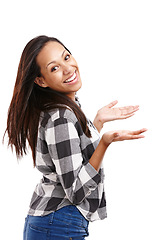 Image showing Woman, portrait and happy for fashion, isolated and gesture with backdrop, mockup and space in studio background. Female person, smile and positive in stylish, edgy and clothes for casual or model