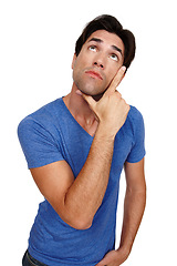 Image showing Thinking, why and man in studio looking up for solution, answer or advice on white background. Idea, doubt and male model with emoji questions, curious or planning, brainstorming or problem solving