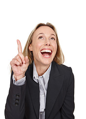 Image showing Business woman, pointing and excited for promotion in studio, advertising and info on white background. Happy female person, mockup space and presenting a deal, announcement and direction for offer