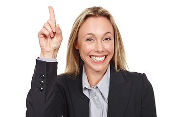 Image showing Business woman, pointing and portrait for promotion in studio, advertising and info on white background. Happy female person, mockup space and presenting a deal, announcement and direction for offer