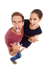 Image showing Portrait, fun or couple with horn gesture, hands or energy in studio for metal celebration from above on white background. Rock and roll, face or people with emoji for party, festival or concert