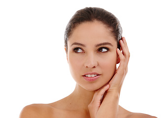 Image showing Woman, touch and smooth skin in studio, cosmetics and skincare for beauty on white background. Female person, mockup space and satisfaction for facial treatment, dermatology and confident for glow