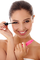 Image showing Woman, portrait and mascara for volume in studio, skincare and cosmetics on white background. Female person, mockup space and confident in dermatology, brush and wand for application and beauty