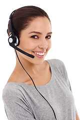 Image showing Woman, headphone and smile for call center agent, online marketing or customer sales in studio portrait. Person, headset and happy for digital consulting, client servicing or consumer relations