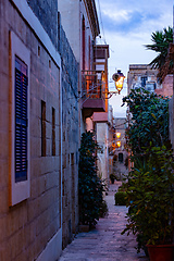 Image showing One of the small historic hidden streets in ancient city Vittoriosa - Birgu. Malta