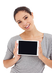 Image showing Portrait, smile and woman with tablet, showing and connection isolated on a white studio background. Face, person or model with tech, promotion or internet with girl and online blog with mockup space