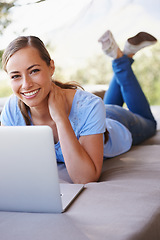 Image showing Garden, remote work and portrait of woman with laptop for working from home, freelance job and career. Business, startup and person on computer for typing email, planning and research on website