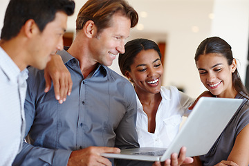 Image showing International people, teamwork and laptop in office for startup company connection, career and planning. Collaboration, computer and diversity in modern workplace for business professionals.