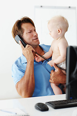 Image showing Father, baby and phone call for remote work in home with multitasking, connectivity and communication. Man, young male child and talking on telephone with computer, online and desktop in house