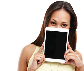 Image showing Woman, tablet and screen for mockup with advertising information or online news in portrait on white background. Promo announcement, coming soon or join us on website, digital marketing and app ads