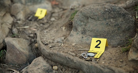 Image showing Closeup, evidence marker and forensic for investigation at crime scene with keys on ground or accident location in forest. Yellow numbers, homicide or case research with observation outdoor in woods