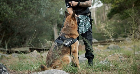 Image showing Policeman, sniffer dog or patrol a crime scene on field, first responder or law enforcement for investigation in k9 unit. Emergency response, canine and search for rescue and animal for human scent