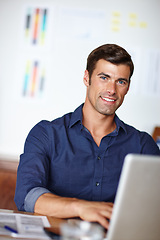 Image showing Portrait, businessman and office typing on laptop at desk for strategy, planning, and information for project proposal. Professional, person and working on computer for finance report on company