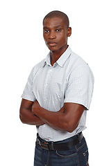 Image showing Portrait, confident or black student as career, ambition or opportunity of education and scholarship. Serious, man or arms crossed as ready to solve, question or assertive in deciding employment