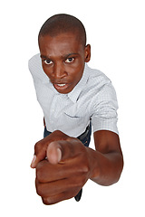 Image showing Portrait, angry or black man by warning, hey you or accountability to stop, protest or caution. African guy, pointing or not allowed to order, discipline or mad at mistake, fail or negative opinion