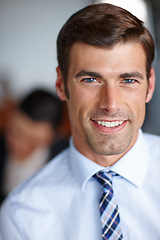 Image showing Portrait, businessman and smile with shirt in office for company, employee and working. Happiness, corporate and face of male person with tie in workplace for professional career, formal and suit