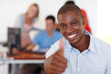 Image showing Business man, thumbs up and portrait for like emoji in office, approval and review or thank you symbol. Black male person, confidence and motivation or support for win, vote and okay sign for bonus