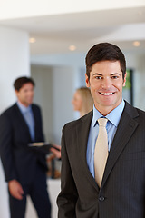 Image showing Happy, man and professional portrait of financial advisor in company with confidence for consultation. Corporate, businessman and excited by knowledge on economy and working with clients in office