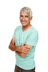 Image showing Senior man, portrait and happy in studio with arms crossed, confidence and pride for fashion, clothes and trendy. Mature male, smile and experience with wisdom on isolated white background for style