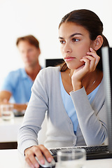 Image showing Thinking, serious and business woman with doubt, decision or problem solving with mouse in creative startup. Vision, idea and professional planning, reflection or designer remember memory by computer