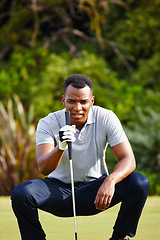 Image showing African man, golf and club with grass for aim with driver for strategy with skill in sportswear on pitch. Male person, health and fit with sport with equipment, healthy and outdoors with accuracy