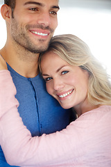 Image showing Couple, happy and embrace in portrait for love, relationship or memories together. Man, woman and romantic hug smile for dating, compassion or care in home cheerful for support, commitment and trust