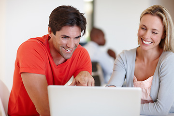 Image showing Casual people, talking and team by laptop, discussion and collaboration on research for project. Employees, coordinators and planning or events management in creative business, support and smile