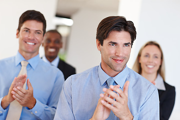 Image showing Business people, wow and clapping for success at seminar, event and conference for training. Employees, team and applause for motivation or praise for achievement, cheering and support in office