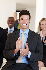 Image showing Manager, clapping and audience for success at workshop, professional conference or onboarding course. Businessman or consultant and cheer for motivation and support for business career with crowd