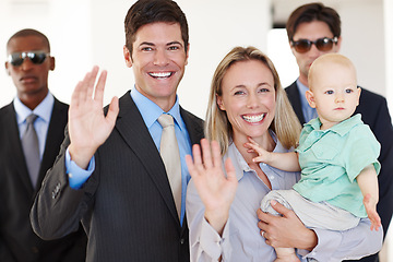 Image showing Waving, politician and family with security at legal conference for political decision with crowd and fame. Leader or representative with guard and partner with baby for alert and protect in public