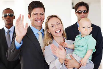 Image showing Waving, politician and couple with security at legal conference for political decision with crowd and fame. Leader or representative with guard and family with baby for alert and protect in public