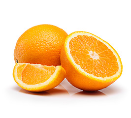 Image showing Vitamin C, citrus and orange with nobody in white background for fiber, heart health and wellness. Nutrition, healthy and food as fruit, antioxidant and juice for organic, eating and diet as snack