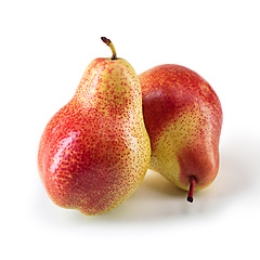 Image showing Still life, studio and pears on backdrop and isolated for advertisement, fruit or food and wellness. Fresh produce, zoom and alone on white background for health or red, natural or color and healthy