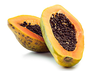 Image showing Pawpaw, fruit and isolated for diet with seeds and open, nutrition and wellness or healthy. Papaya. food and natural with zoom for center and color, weight loss and vitamin c or vegan in studio