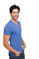 Image showing Man, studio and portrait with smile for fashion with casual outfit with hands in pocket with confidence. Male person, happy and white background with informal style for confident pose with pride