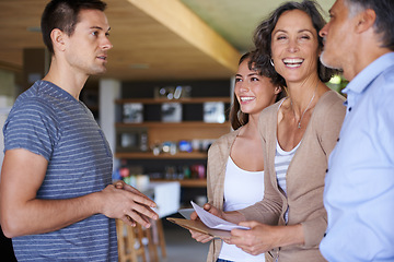 Image showing Meeting, smile and happy family in home, real estate and buying new property or talk. Paperwork, deal and conversation with daughter and realtor agent, investment loan and mortgage for house