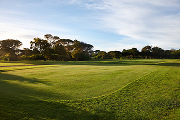 Image showing Grass, blue sky and trees on golf course with forest, clouds and natural landscape for summer in park. Nature, green and field in woods at sports club with sustainable environment, sunshine and peace