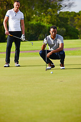 Image showing Man, golf and training on grass with thinking for practice for drill for serious in sport. African, men and coaching on course with strategy, ball and stroke with tactics in sportswear with driver