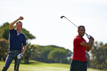 Image showing Friends, men and golf with swing for hobby, recreation and exercise on grass field outdoor. Happy, group and athlete on golf course for sport, driver training and cardio workout to celebrate victory