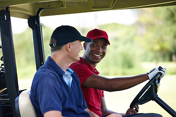 Image showing Golf cart, athlete and man driving golf cart on outdoor sports field for healthy, enjoy and exercise. Male people, training and sit in golf cart outside for fitness, fun and friendly competition