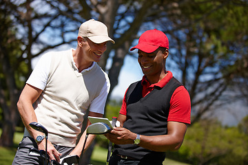 Image showing Golf, men and tablet for sports, fitness and online for exercise and recreation in summer outdoor. Golfers or athlete and smile with tech for internet on field for training, activity and games