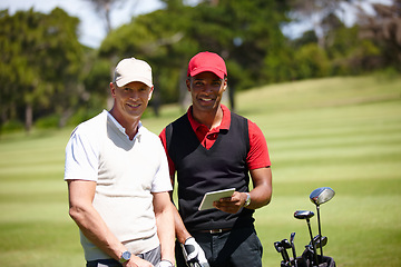 Image showing Golf, technology and portrait of men on course for personal trainer with video for learning, coaching or planning. Diversity, tablet and happy people for sport, wellness or training on weekend