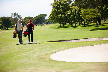 Image showing Golf, sports and men walking with bag after practice or training on green lawn for partnership or collaboration. Friends, golfers and exercise for trust, fitness and community outdoor on field.